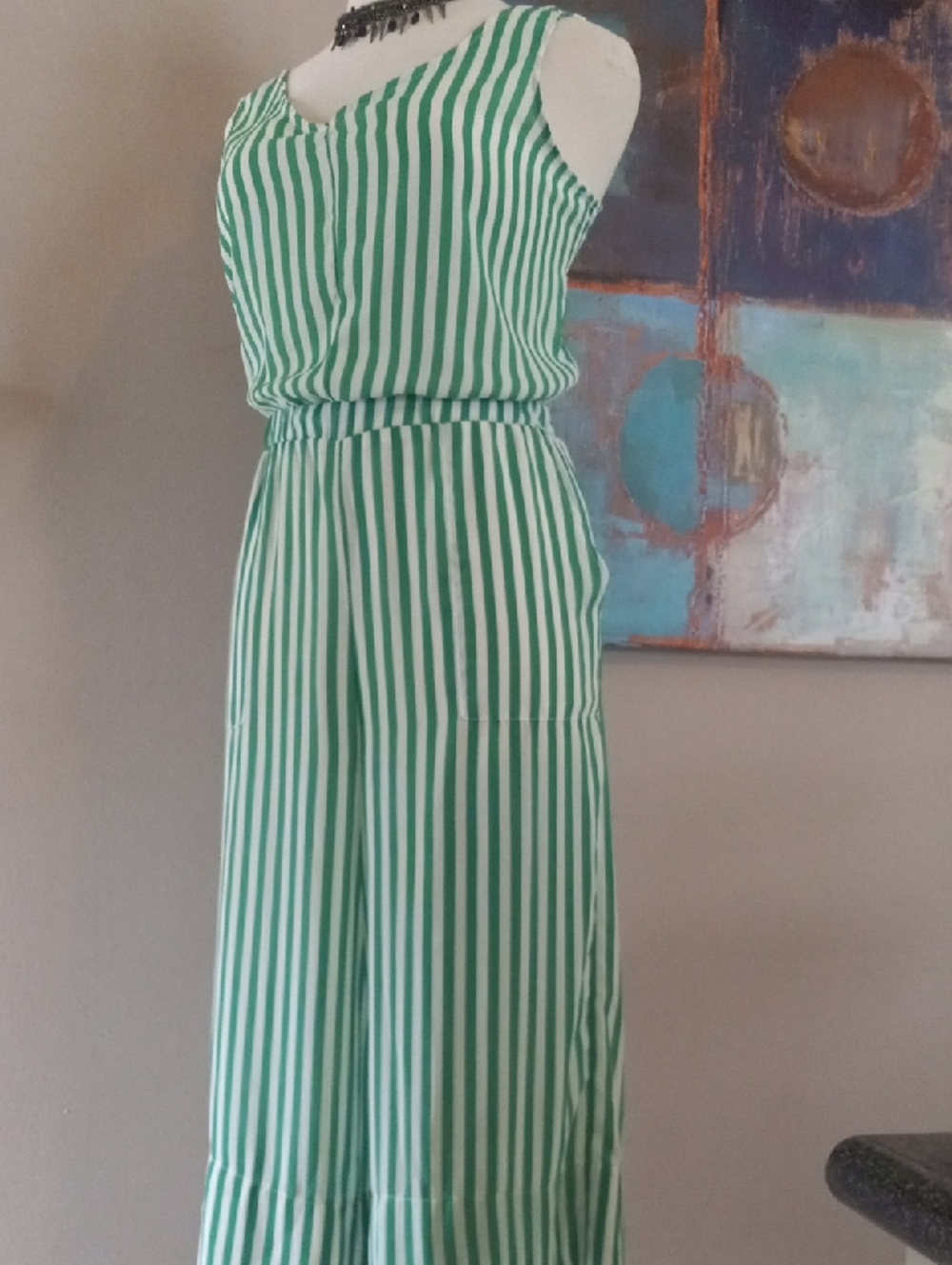 Tiana B. Wide Leg Green and White Vertical Stripe Sleeveless Jumpsuit Romper - Picture 14 of 16